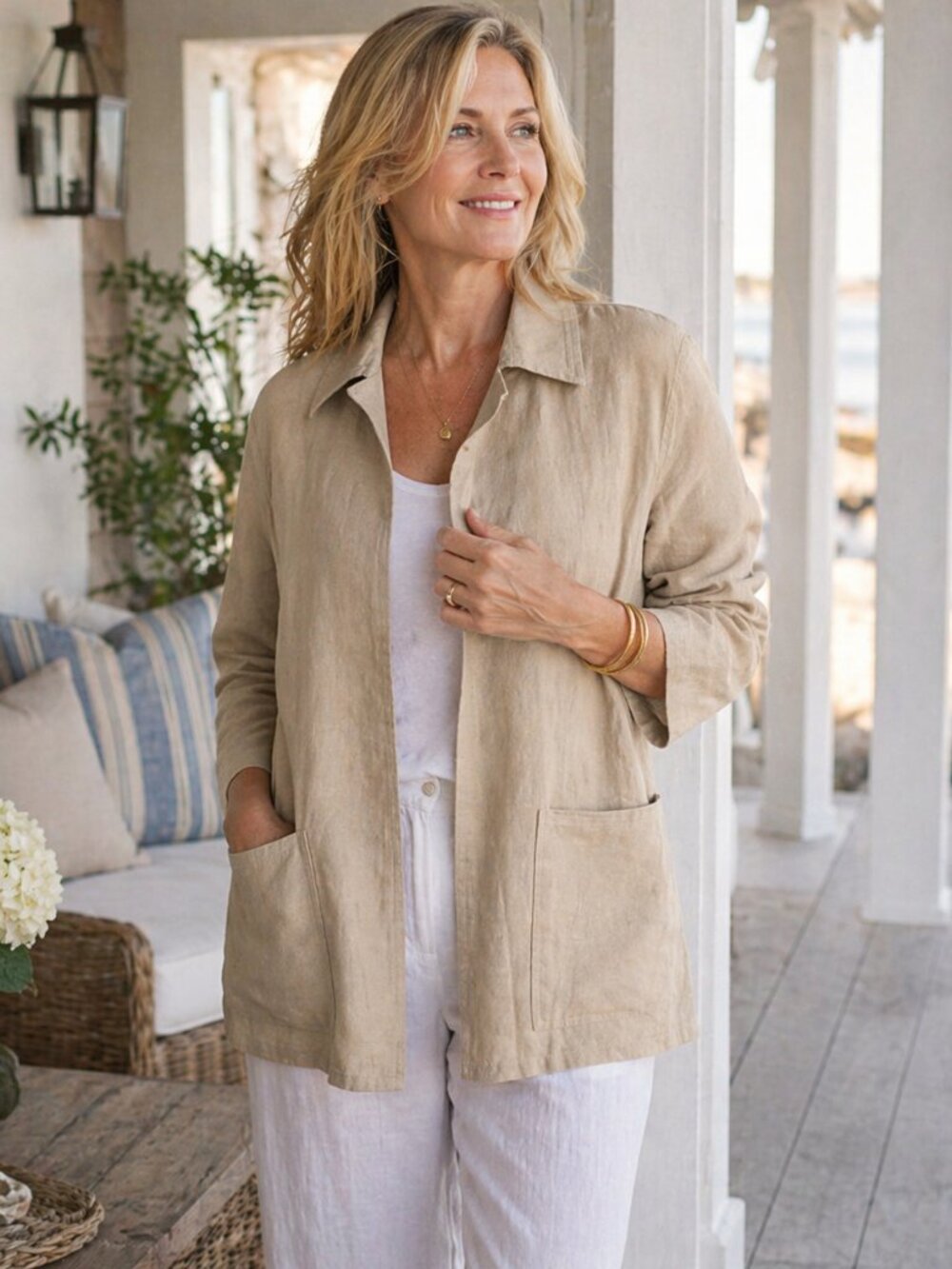 Coldwater Creek 100% Linen Jacket – Neutral Beige Shirt Jacket | Coastal Classic
